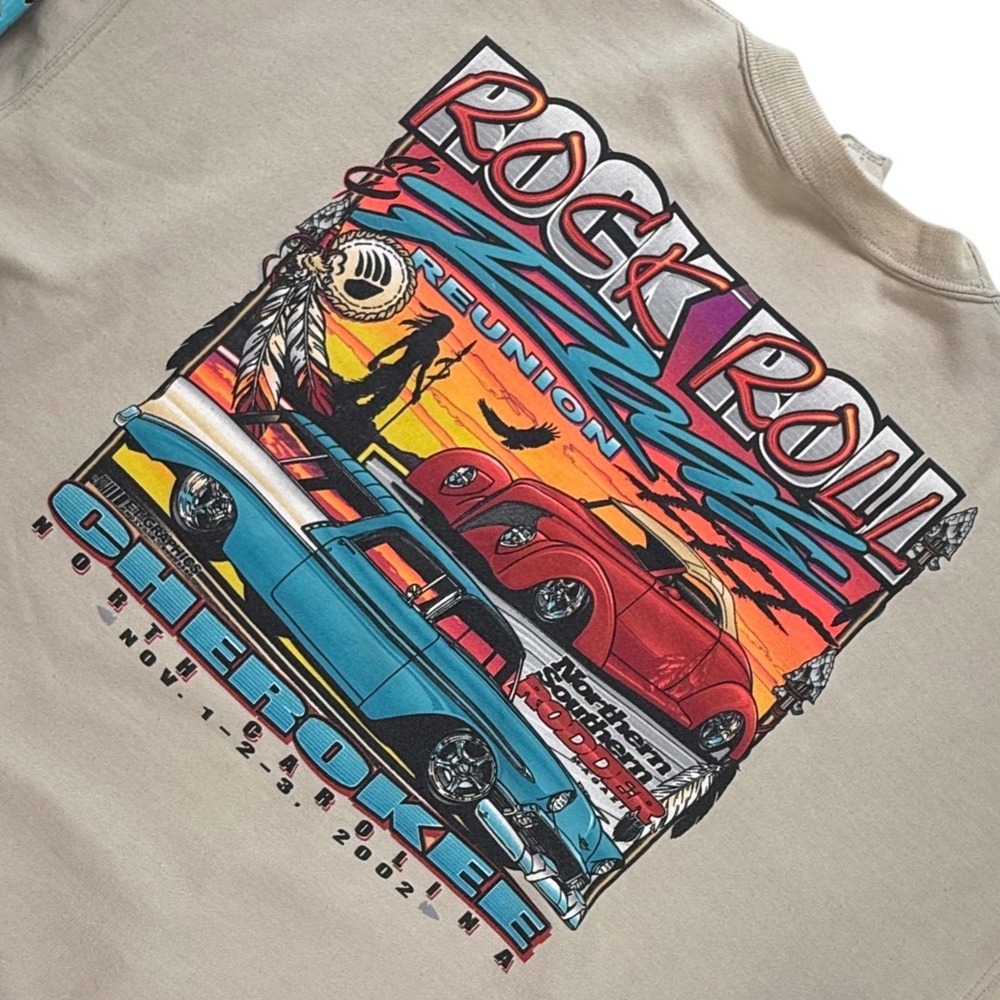 Jerzees Mens 3XL Rock Roll & Rods Cherokee NC 2002 Hot Rod Sweatshirt Tan Y2K